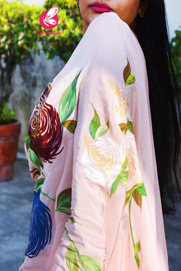 Peach Crepe Chiffon Handpainted Floral Saree