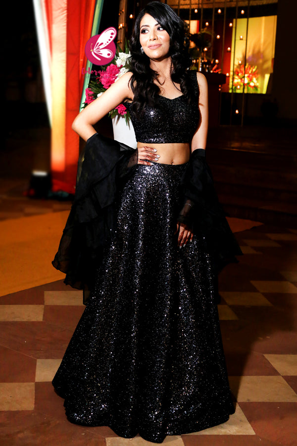 Black Sequins Net Lehenga with Black Organza Three-Tier Ruffle Dupatta