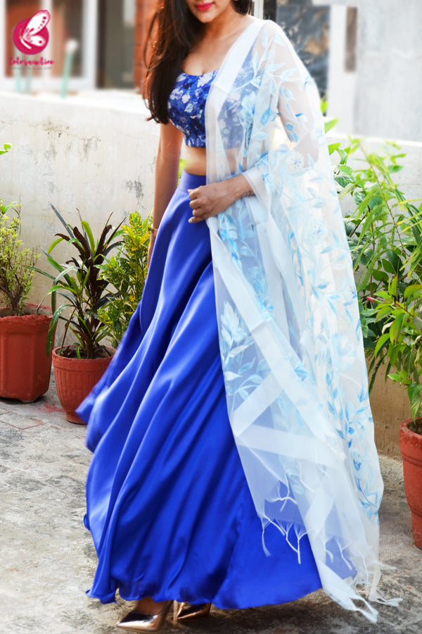 Blue &amp; White Satin Lehenga With White Hand Painted Organza Stole