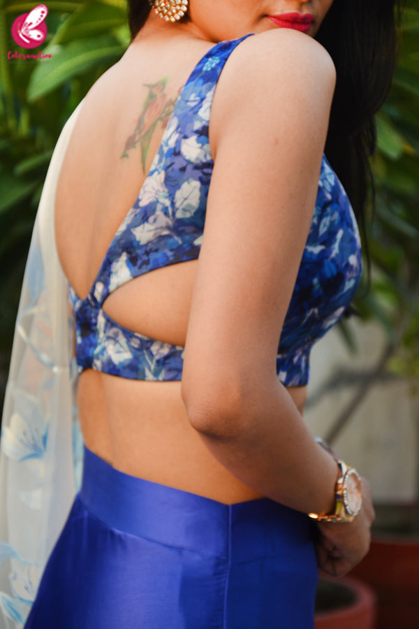 Blue &amp; White Satin Lehenga With White Hand Painted Organza Stole