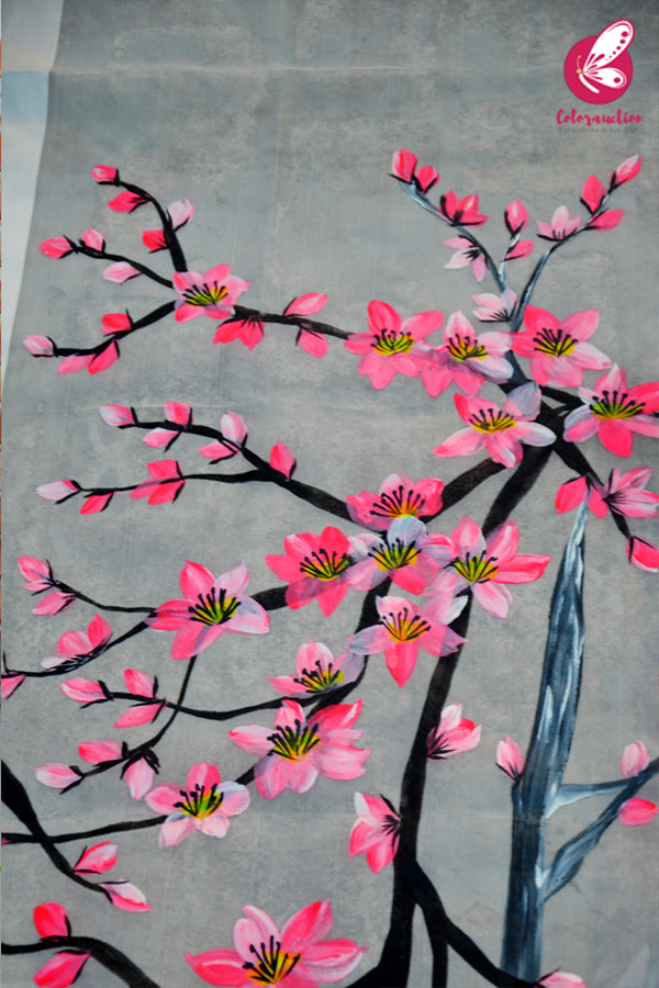 Off White Neon Pink Floral Pure Organza Stole