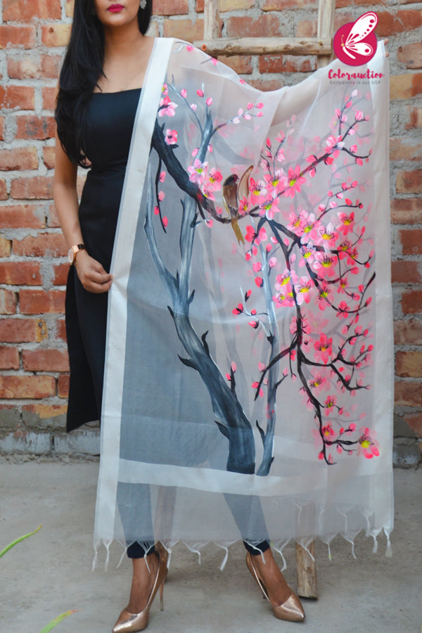 Off White Neon Pink Floral Pure Organza Stole