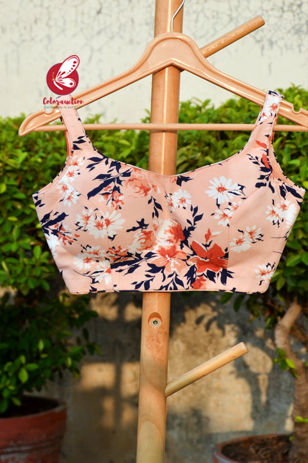 Peach Printed Rayon Backless Padded Blouse