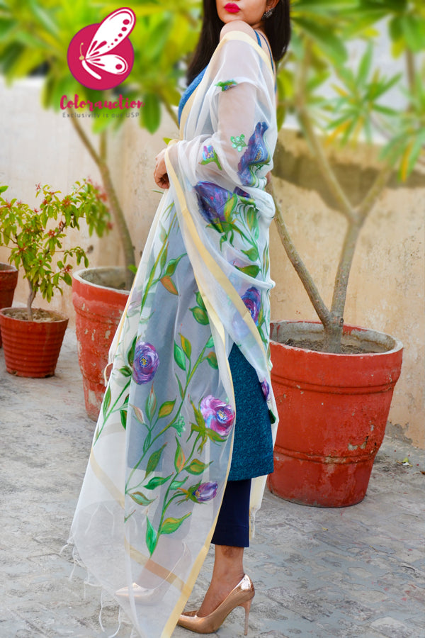 Off White Pure Chanderi Handpainted Vibrant Floral Stole