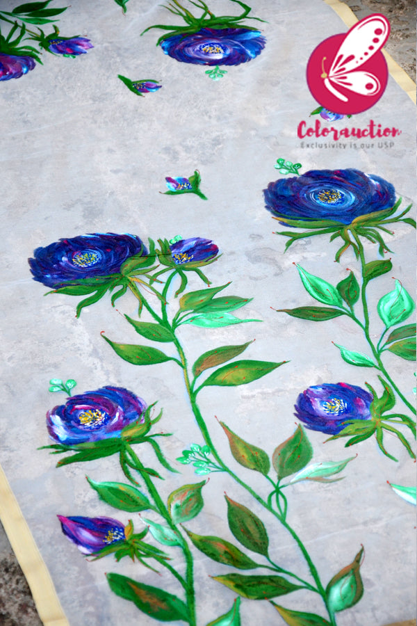 Off White Pure Chanderi Handpainted Vibrant Floral Stole