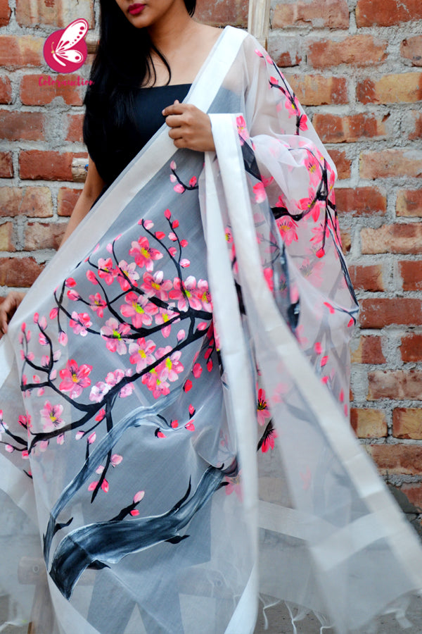Off White Neon Pink Floral Pure Organza Stole