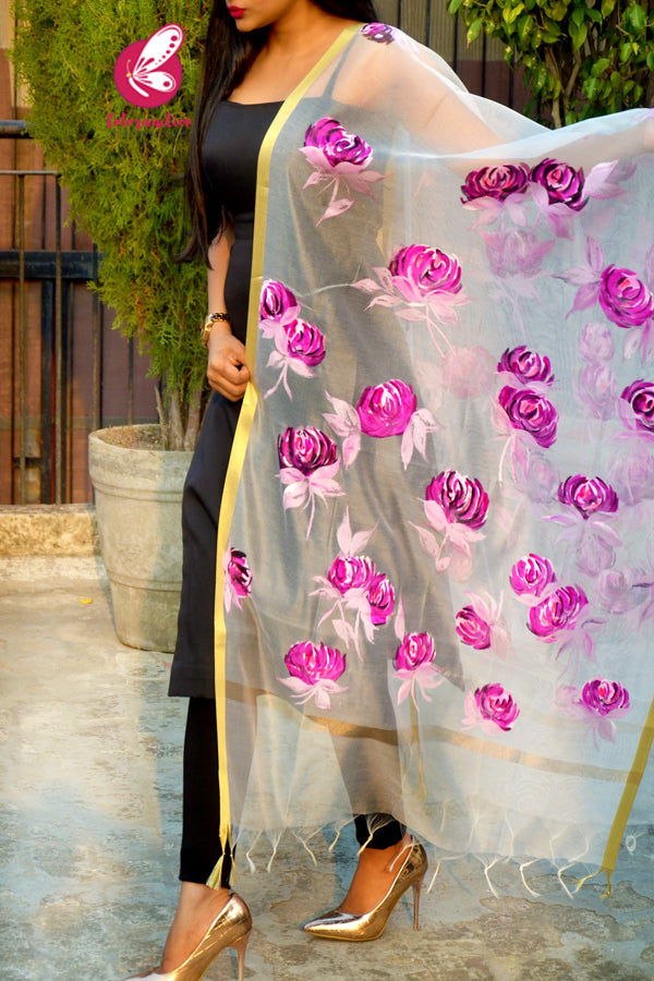 Off White Pure Organza Purple Roses Floral Stole