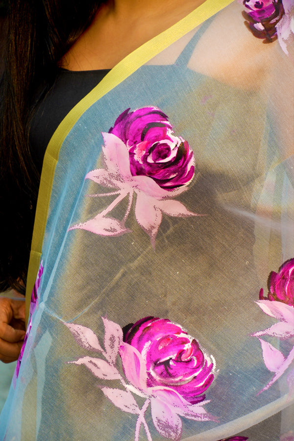 Off White Pure Organza Purple Roses Floral Stole
