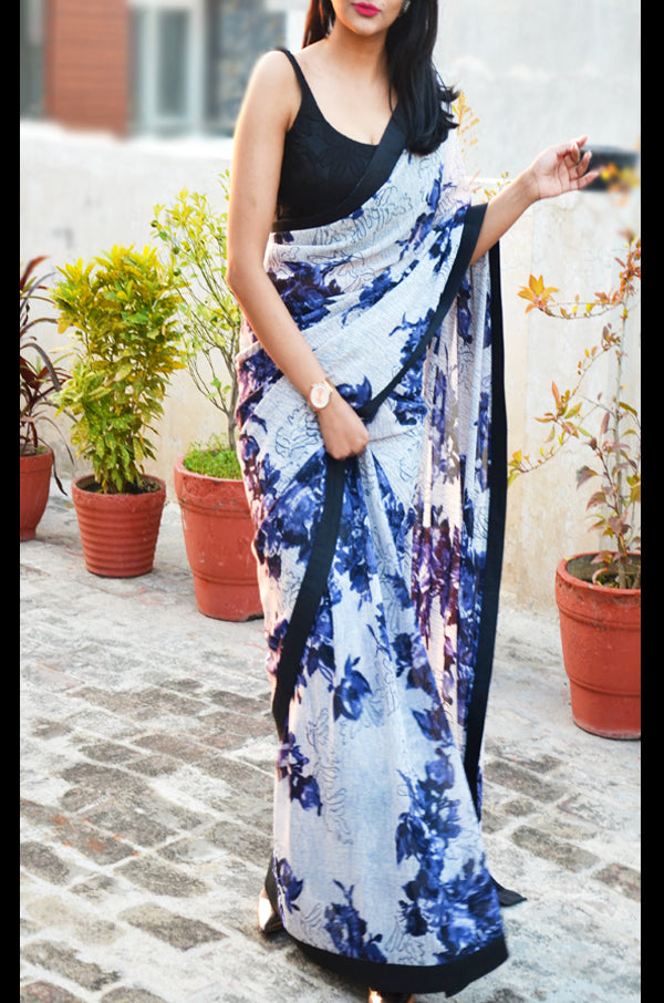 Multicolored Printed Floral Georgette Black Dupion Taping Saree