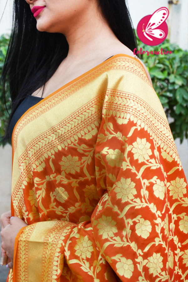 Orange Floral Banarasi Silk Dupatta
