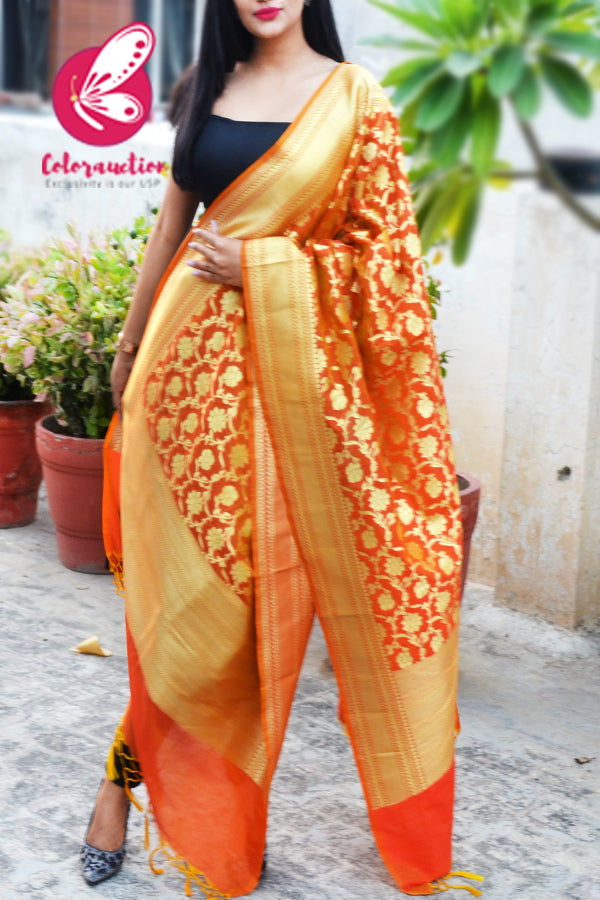 Orange Floral Banarasi Silk Dupatta
