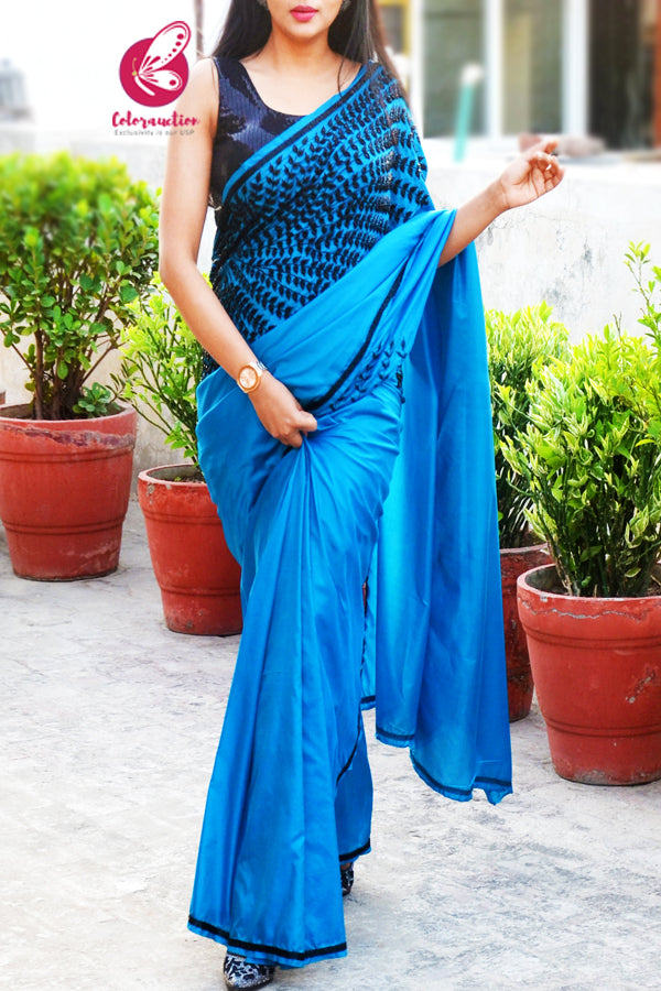 Blue Pure Silk Beads Katdana Handwork saree