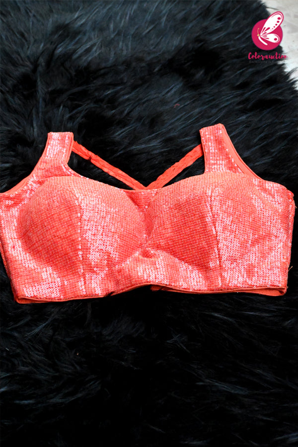 Orange Sleeveless Sequins Criss-Cross Back Padded Blouse