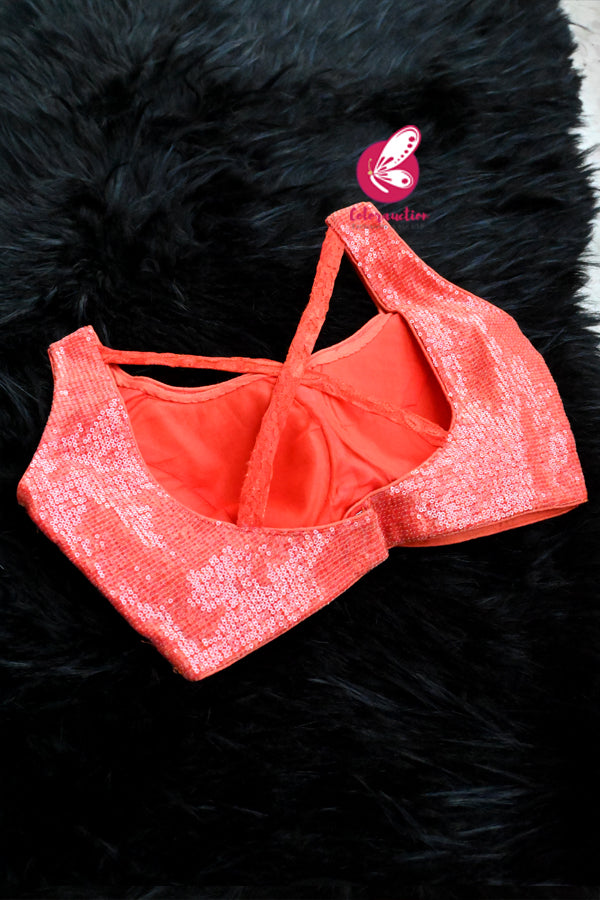 Orange Sleeveless Sequins Criss-Cross Back Padded Blouse