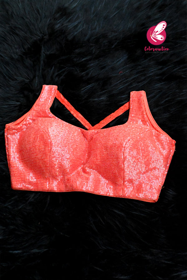 Orange Sleeveless Sequins Criss-Cross Back Padded Blouse