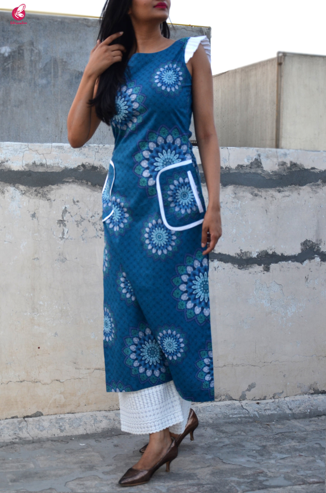 Blue Cotton Printed Straight Kurti