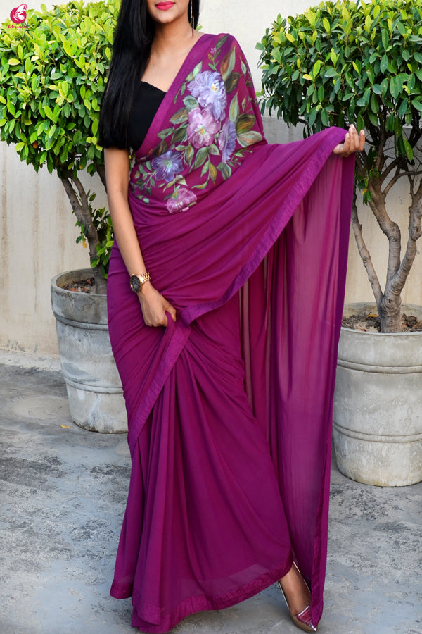 Grape Purple Hand painted Lycra Net Saree