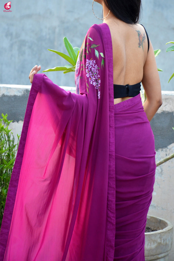 Grape Purple Hand painted Lycra Net Saree