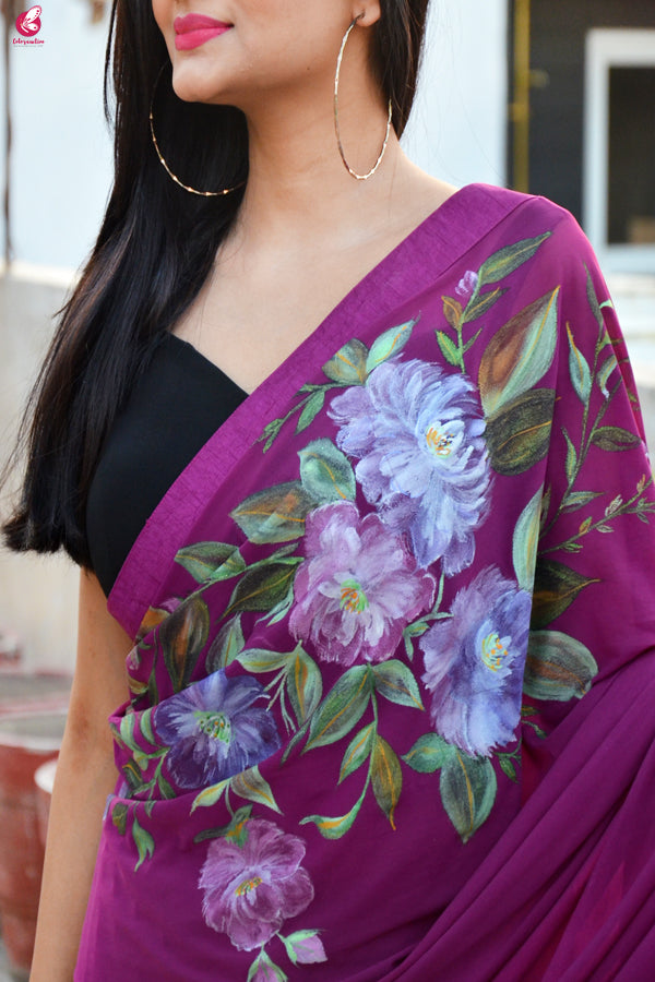 Grape Purple Hand painted Lycra Net Saree