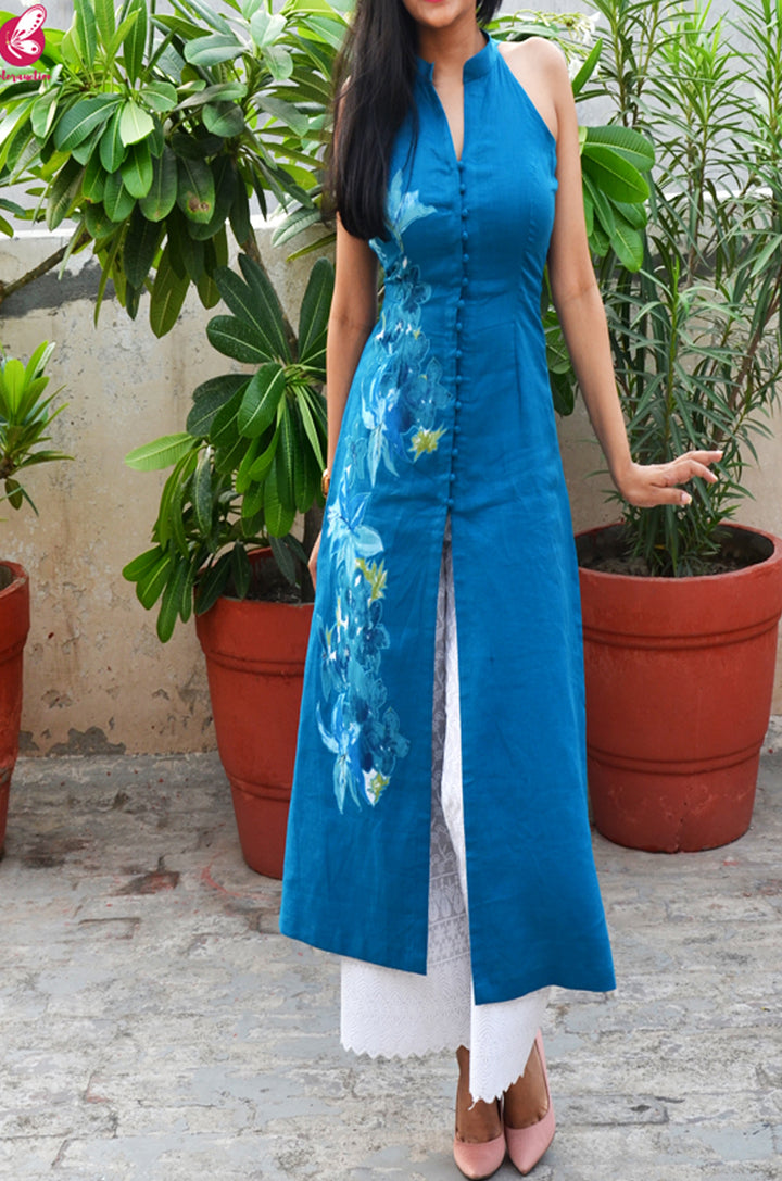 Sky Blue Pure Linen Patch Work Kurti