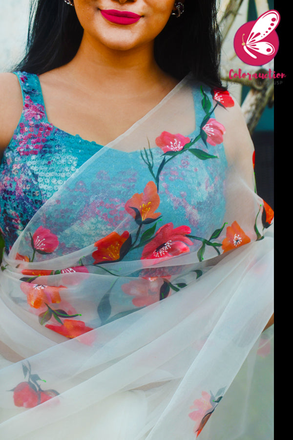 Ivory Pure Organza Floral Handpainted Saree