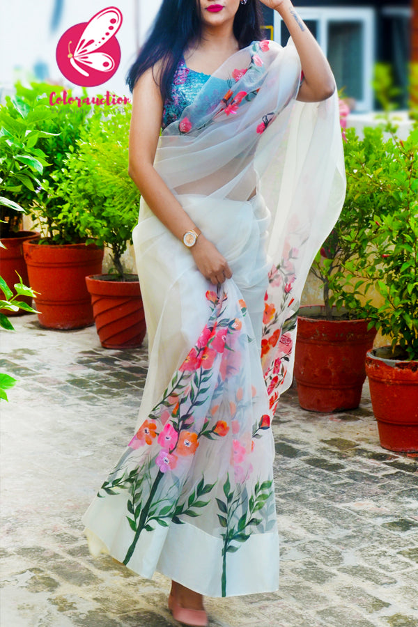 Ivory Pure Organza Floral Handpainted Saree