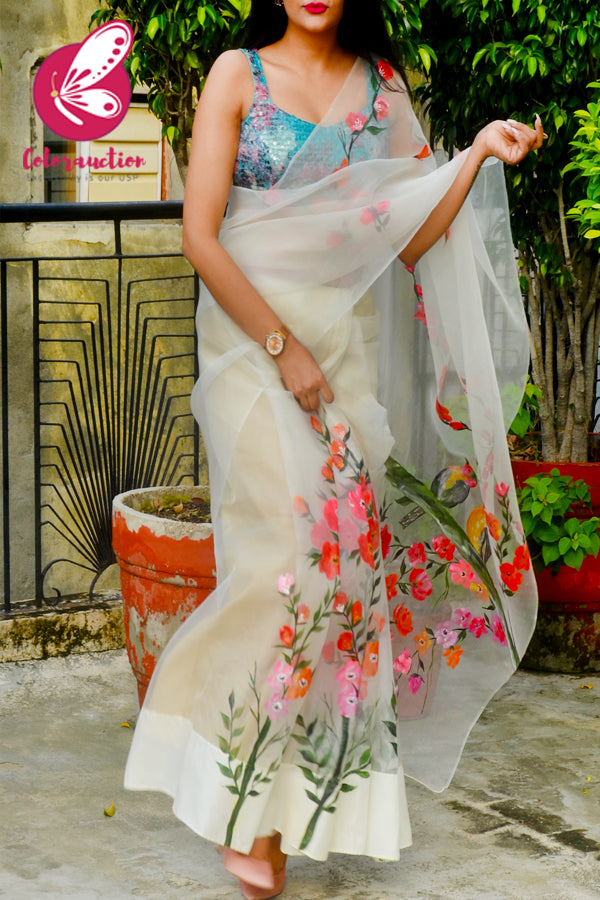 Ivory Pure Organza Floral Handpainted Saree