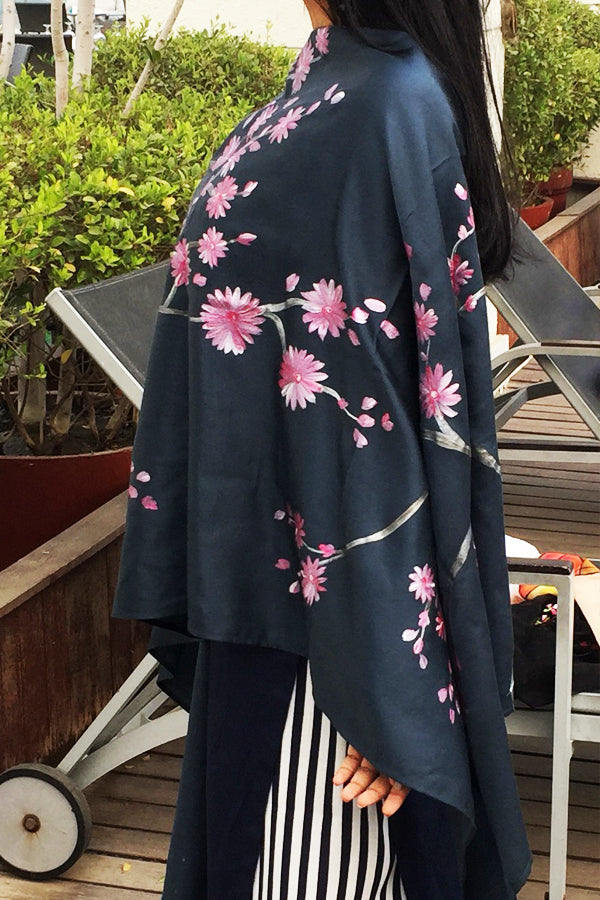 Grey Silk Hand-painted Floral Stole