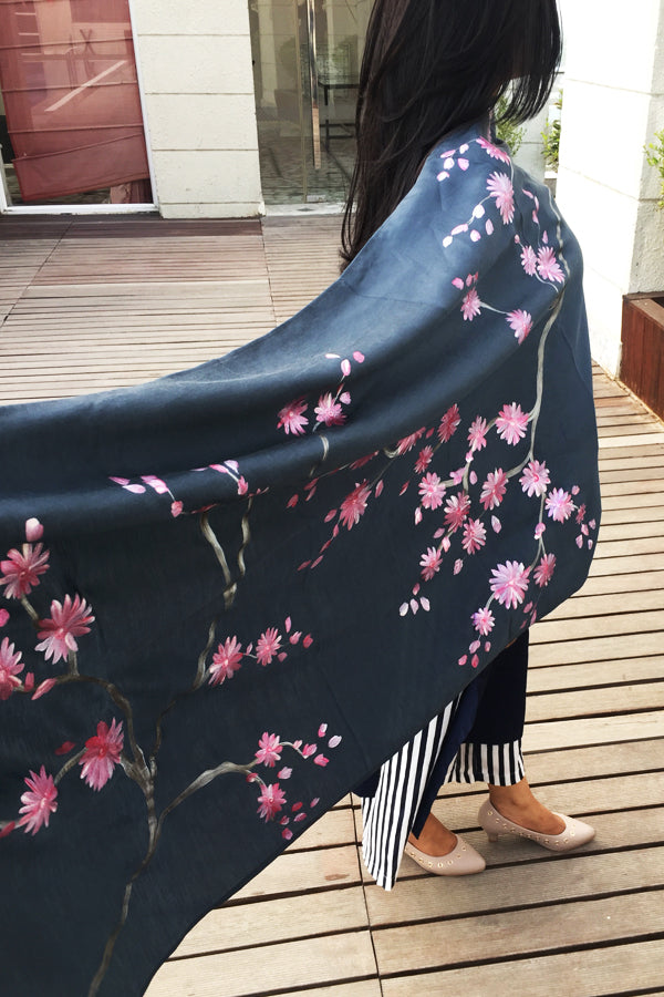 Grey Silk Hand-painted Floral Stole
