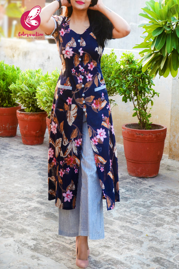 Navy Blue &amp; White Printed Floral Cotton Kurti Set
