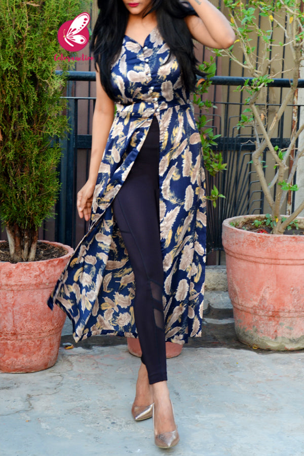 Blue Satin Pearl button Detailing  Front Slit Kurti
