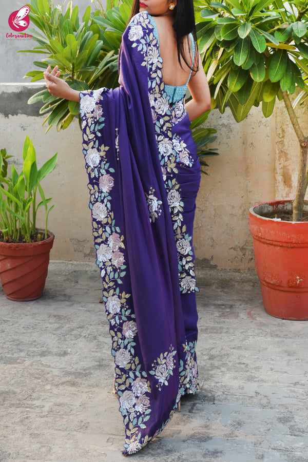Purple Crepe Sequins Pearl Handwork Saree