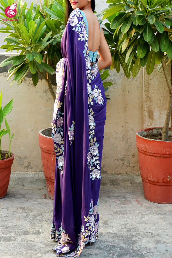 Purple Crepe Sequins Pearl Handwork Saree