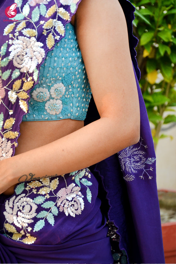 Purple Crepe Sequins Pearl Handwork Saree