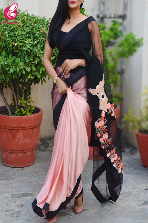 Pastel Peach Satin Embroidered Saree