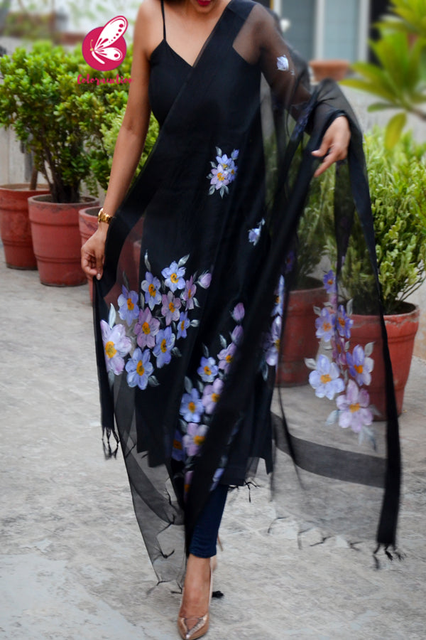 Black Pure Organza Lilac Floral Stole