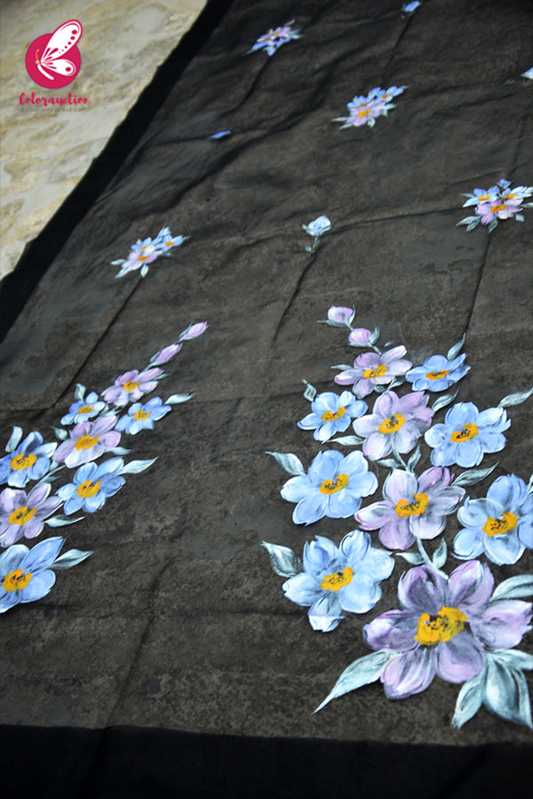 Black Pure Organza Lilac Floral Stole