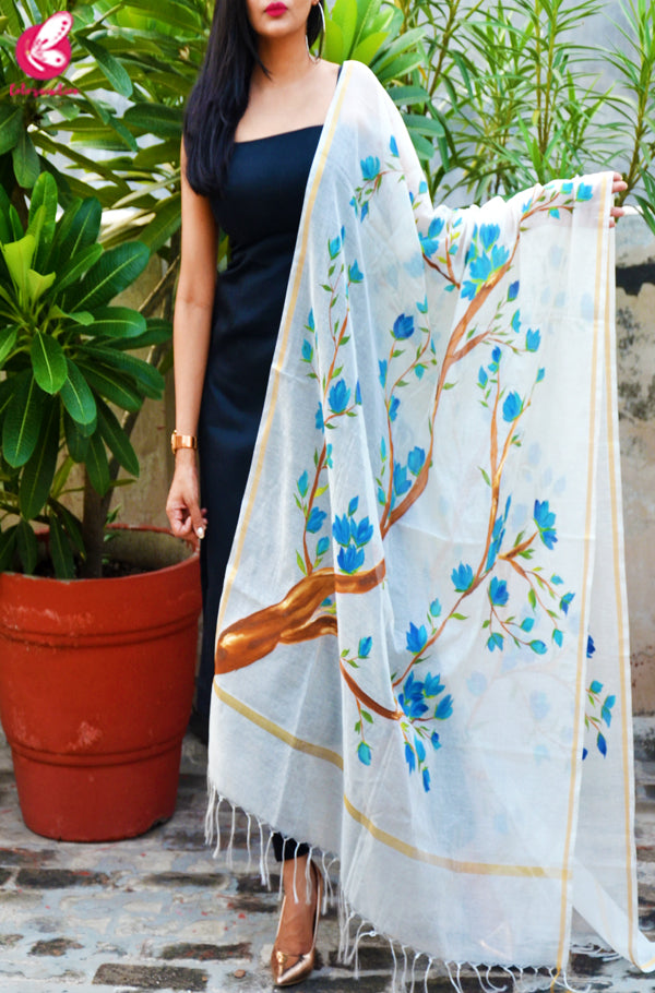 Off White Chanderi Multicolored Floral Handpainted Stole
