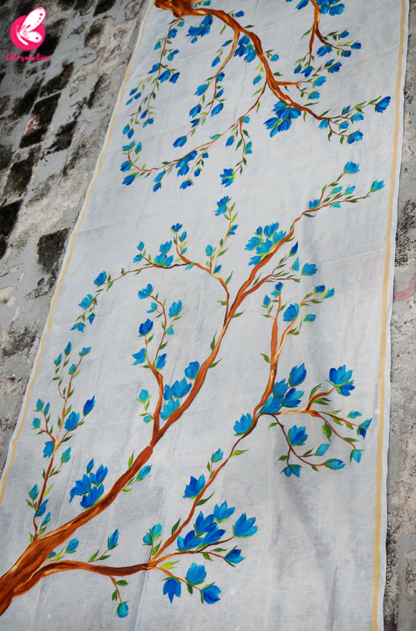 Off White Chanderi Multicolored Floral Handpainted Stole