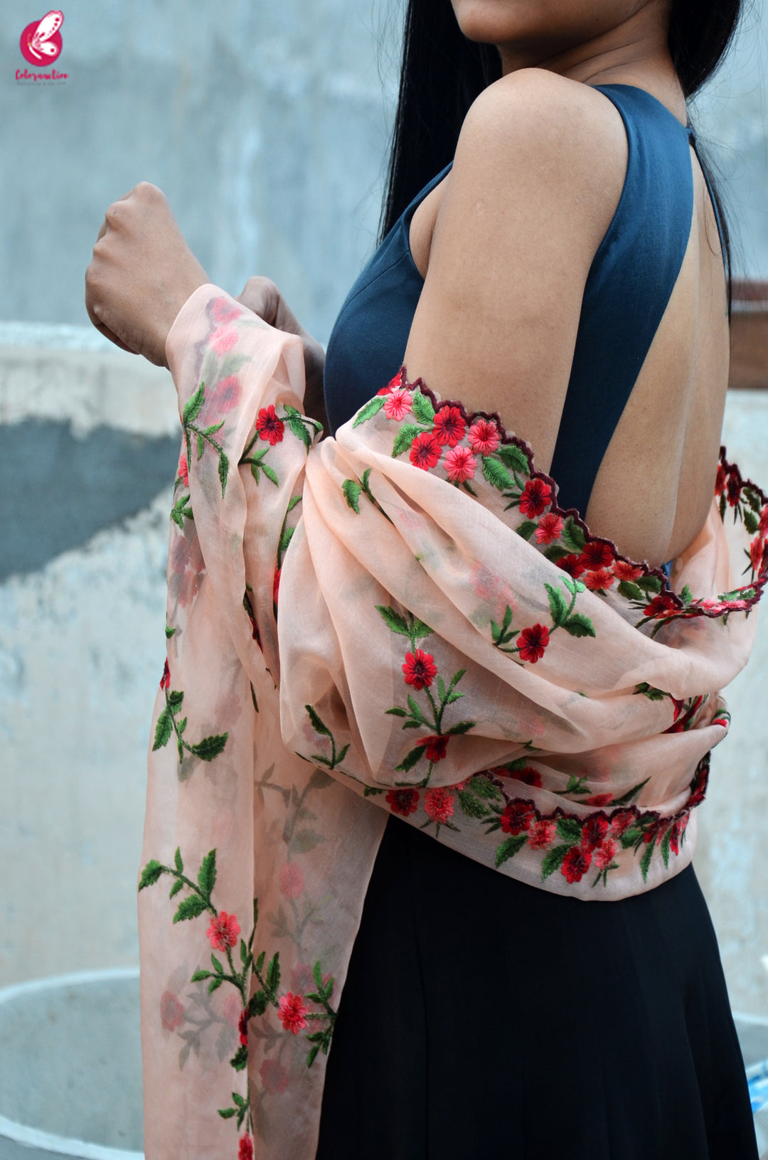Peach Tissue Embroidered Floral Dupatta