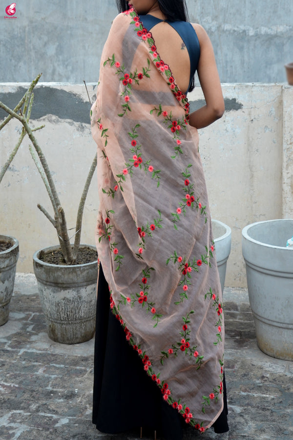 Peach Tissue Embroidered Floral Dupatta