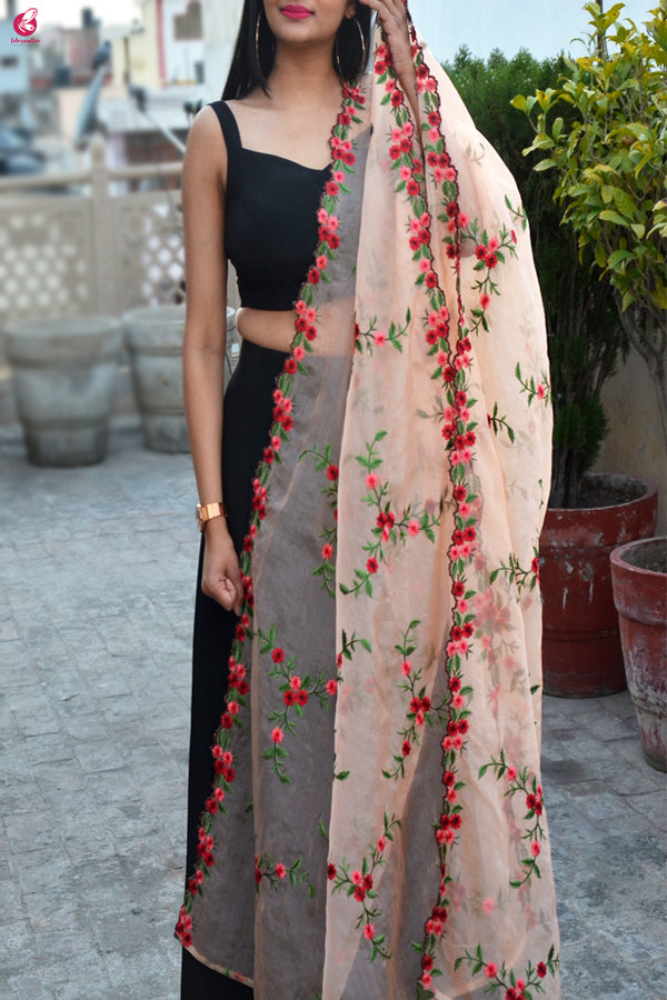 Peach Tissue Embroidered Floral Dupatta