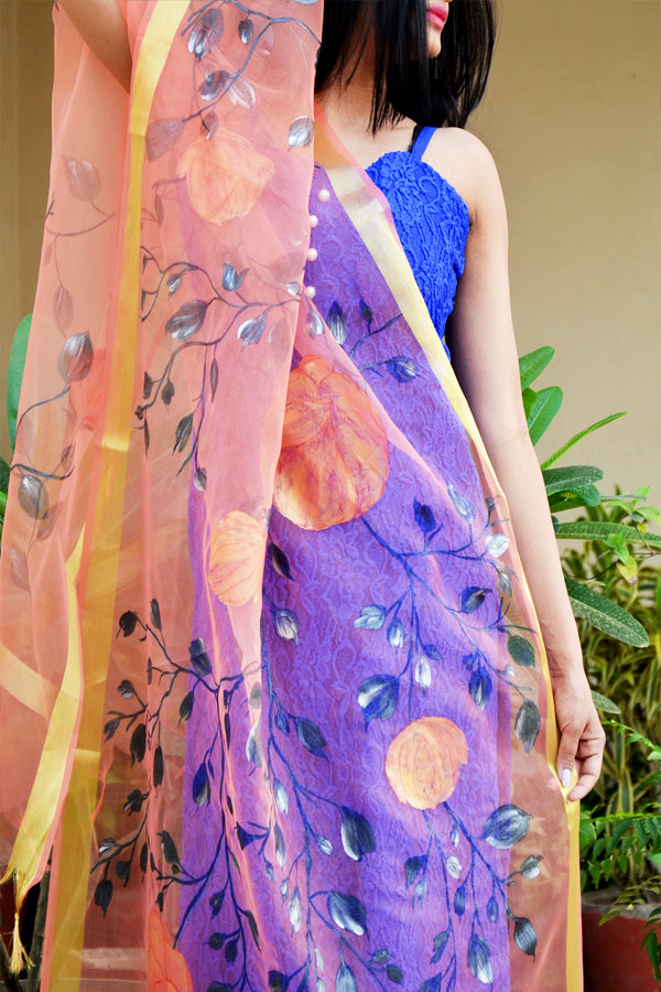 Peach Organza Floral Handpainted Stole