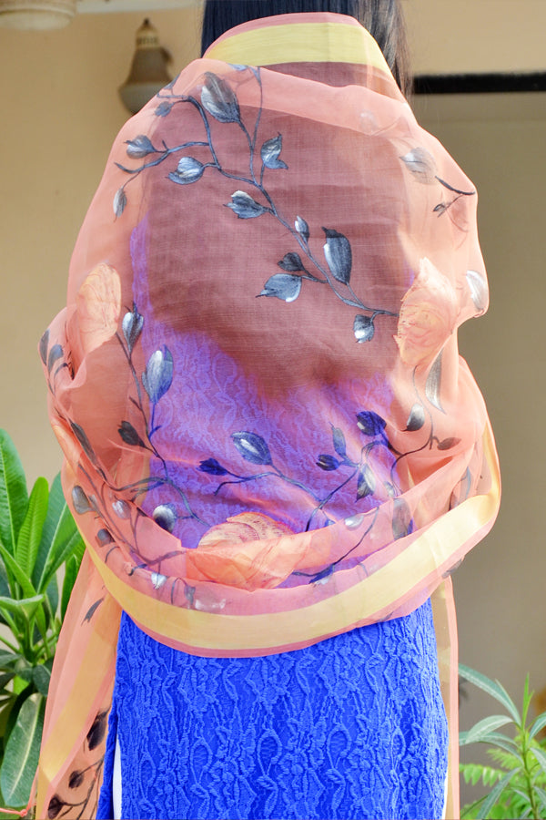 Peach Organza Floral Handpainted Stole