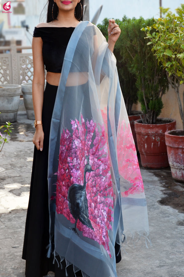 Grey Organza Hand painted Multi color Peacock Stole