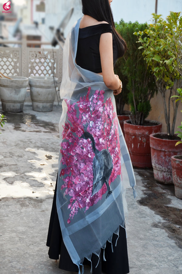 Grey Organza Hand painted Multi color Peacock Stole