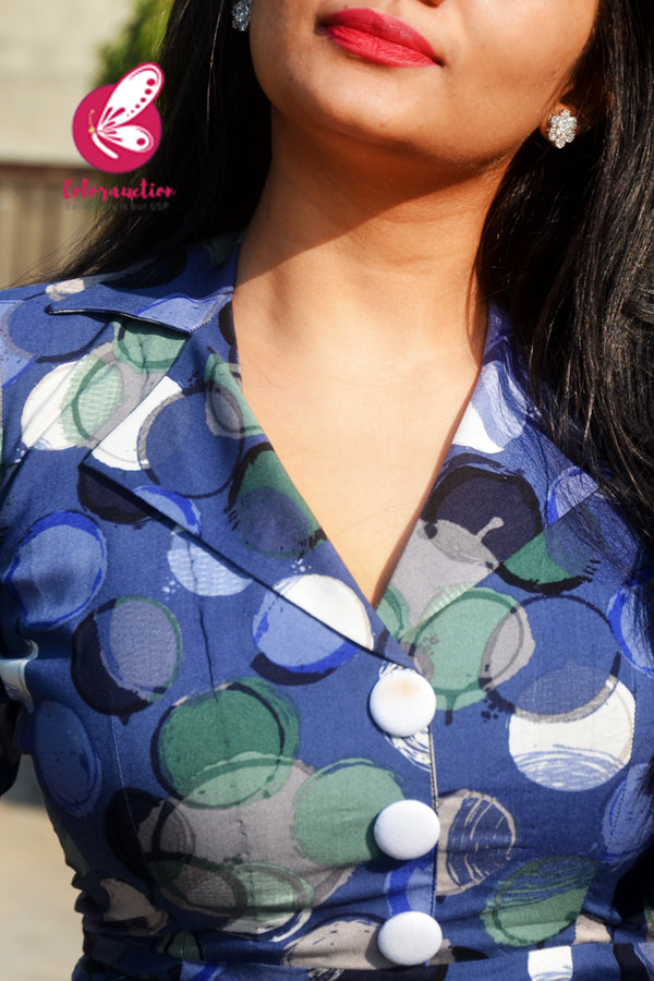 Blue Printed Rayon Kurti with Cream White Cotton Silk Pants Kurti Set