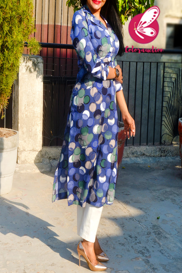 Blue Printed Rayon Kurti with Cream White Cotton Silk Pants Kurti Set