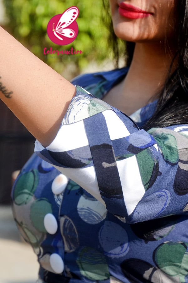 Blue Printed Rayon Kurti with Cream White Cotton Silk Pants Kurti Set