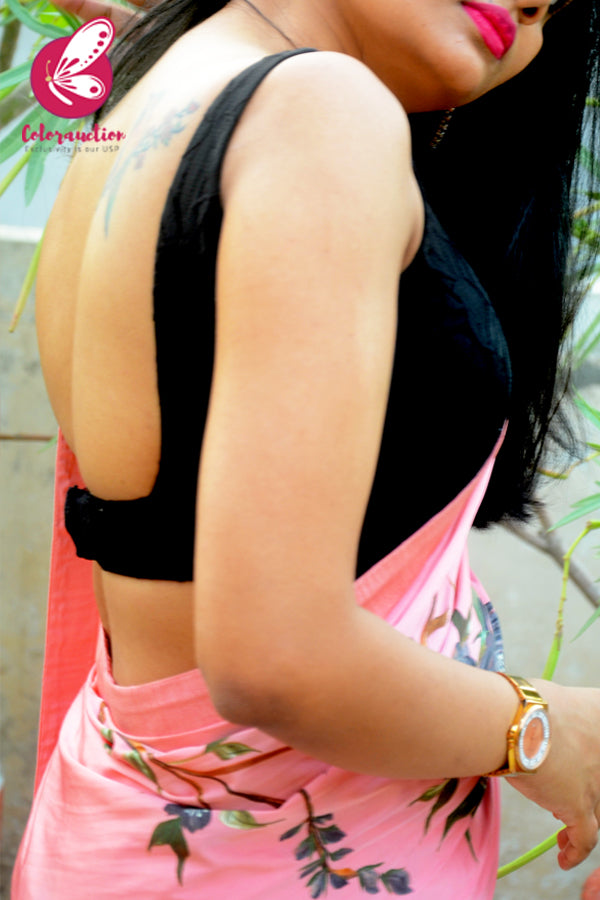 Peachy Pink Hand-painted Satin Roses Saree